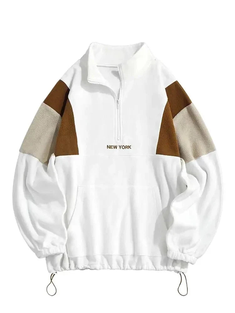 Hoodie for Men Fluffy Polar Fleece Sweatshirts New York Embroidery Turtleneck Hoodies Pullover Color Block Zipper Sweats