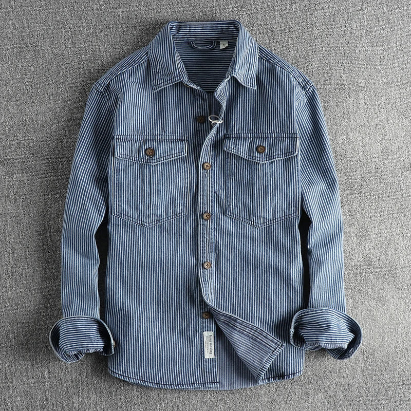 Fashion men Europe and the United States style casual shirt coat striped fabric washed to make old vintage cargo denim shirt