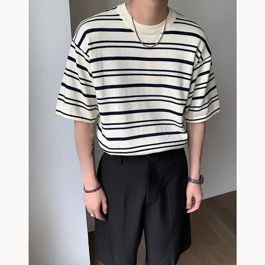 saferido Korean Style Men's Loose Pullover Round Neck Knit T-shirts Striped Printing Top Clothes Tshirts Apricot/navy Color T Shirts