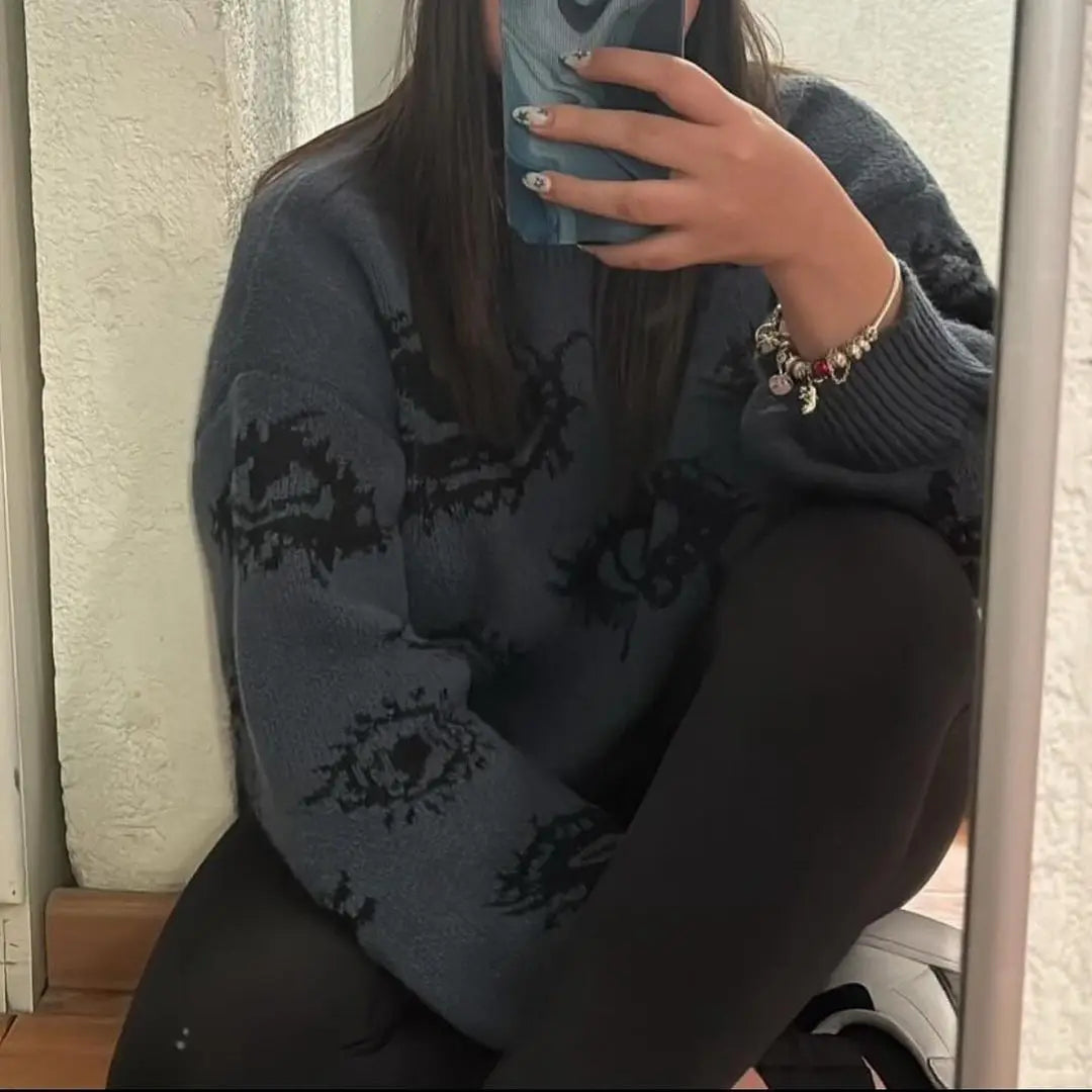 saferido Gothic Punk Oversized Eye Pattern Sweaters for Men and Women Autumn and Winter Thickened Sweatshirts Knitted Sweater Streetwear