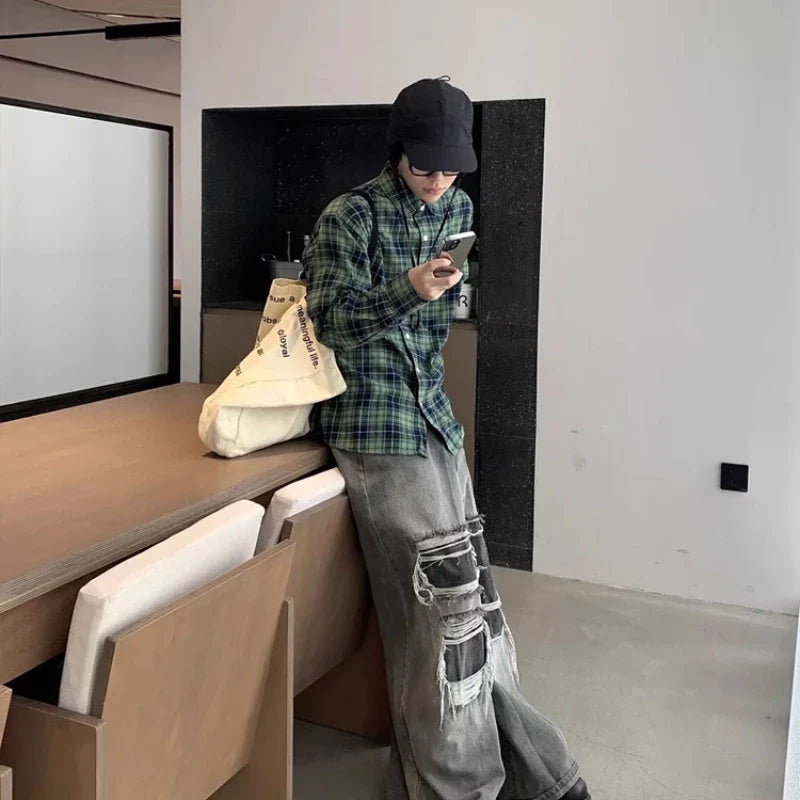 saferido Hipster Men Shirts Plaid Comfortable Temperament Long Sleeve Commuting Casual Harajuku Classical All-match Korean Spring Autumn