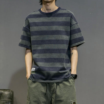 Men's Clothing Round Neck Short Sleeve Korean Version Youth Trend Striped Printed Fashion Casual Cotton Loose T-shirt