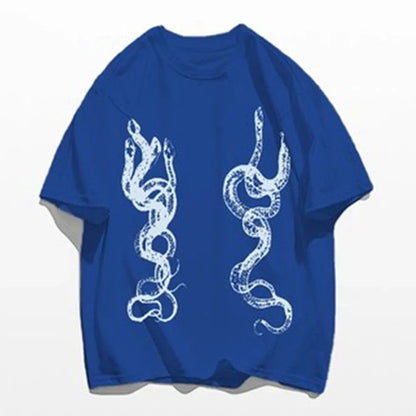 saferido Men's Casual T-Shirt Fashionable Trendy Hip-Hop High Street Y2k Retro Snake Pattern Loose Cotton Top 2024 Spring And Summer
