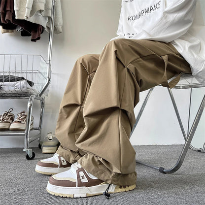 saferido Plus Size 5XL-M High Street Pleated Overalls Men's Fashion Loose Straight Casual Pants Male Solid Color Trousers Spring New