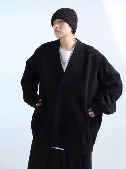 saferido Sweatshirts Men Oversize Pullovers Sweatshirt Male Vintage Casual Japanese Streetwear V-neck Autumn Winter