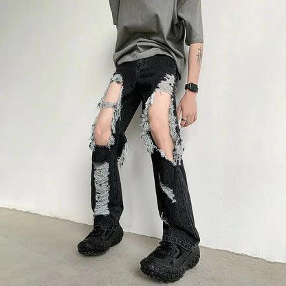 saferido Y2K Unisex Perforated Jeans Mens Summer Korean 2024 Slim Design Straight Wide Leg Denim Pants LGBT Man Sexy Ripped Fringed Jeans