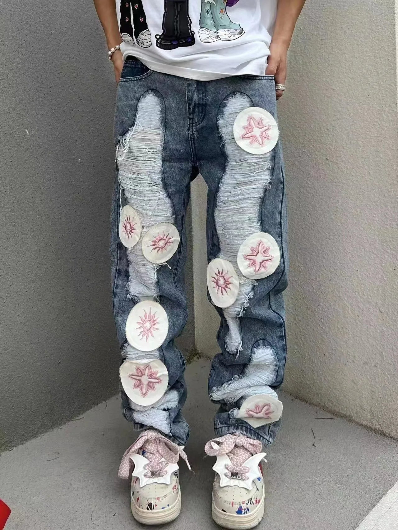Embroidery heavy industry jeans couple summer trend hip-hop high street American style y2k new brushed loose straight-leg pants
