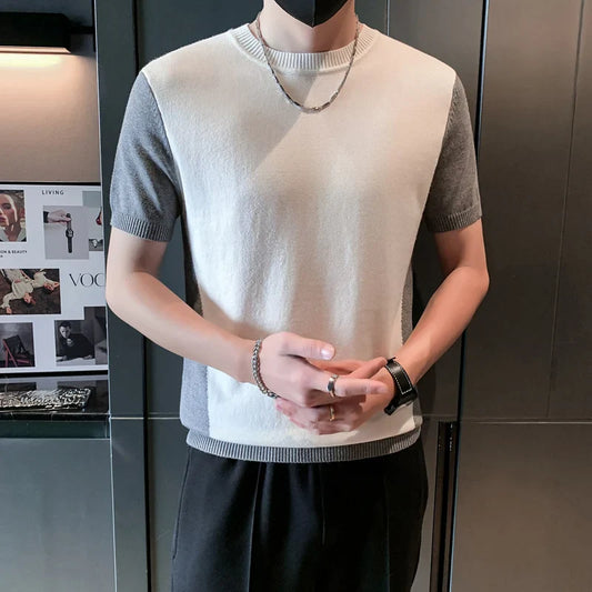 saferido Spring Autumn Men Cashmere Short Sleeve Sweaters Male Casual O-Neck Solid Color Chic Knitted Pullovers Tops 3XL-M