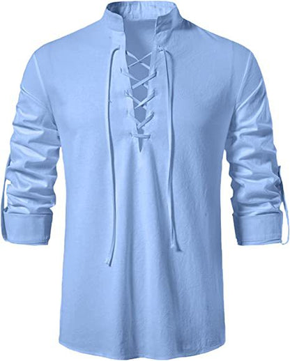 Men Cotton Linen Shirt Casual Shirts Long Sleeve Shirt V-neck Blouse Casual Harajuku Tops Thin Tees with Lace Up Men Clothing