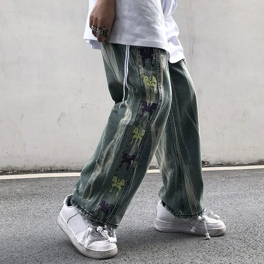 saferido Trousers Hip Hop Straight Men's Jeans Tie Dye Graphic Man Cowboy Pants Y2k Streetwear Baggy 2024 Korean Autumn Harajuku Summer