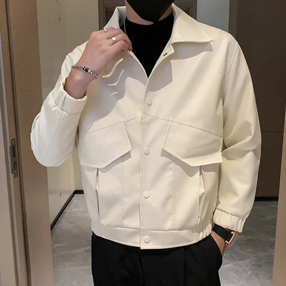 saferido Black White PU Jackets Men Spring Autumn Leather Jacket Coat Male Fashion Casual Motor Biker PU Leather Coat Big Size 3XL-M