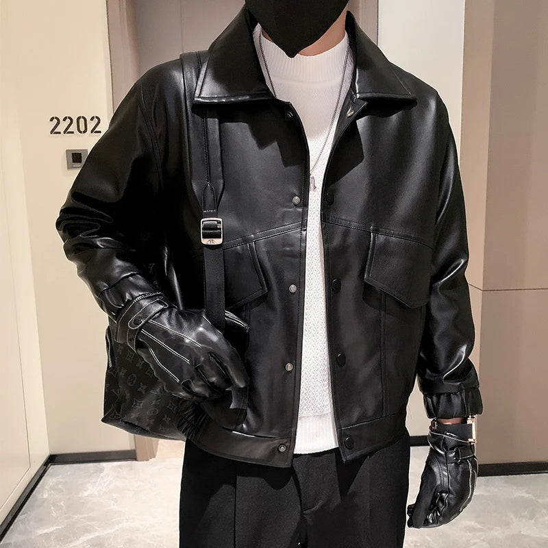 saferido Black White PU Jackets Men Spring Autumn Leather Jacket Coat Male Fashion Casual Motor Biker PU Leather Coat Big Size 3XL-M