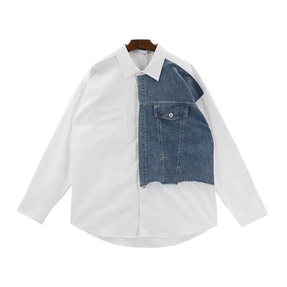 Denim Patchwork White Shirt Men Lapel Long Sleeve Button Loose Tops Spring Autumn Fashion Vintage Shirts Streetwear Male