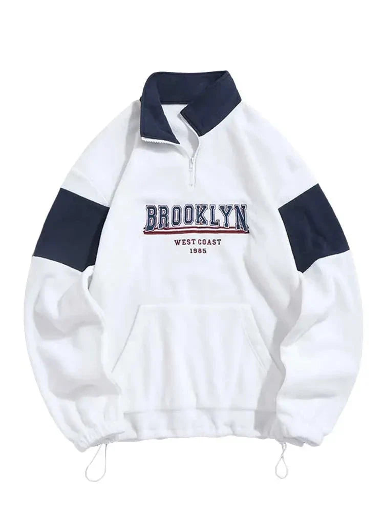 Hoodie for Men Fluffy Polar Fleece Sweatshirts New York Embroidery Turtleneck Hoodies Pullover Color Block Zipper Sweats
