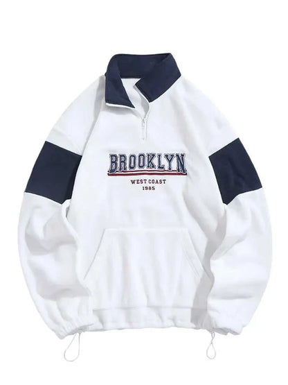 Hoodie for Men Fluffy Polar Fleece Sweatshirts New York Embroidery Turtleneck Hoodies Pullover Color Block Zipper Sweats