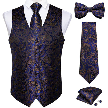 Men Black Paisley Vest Necktie Bowtie Pocket Square Cufflinks Dress Set Classic 5 PCS Business Waistcoat for Man