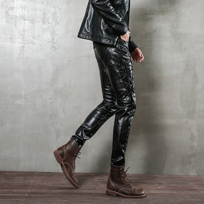 saferido 2024 PU leather men's black leather rope plus velvet leather pants punk style men's motorcycle pants slim fit personality simple