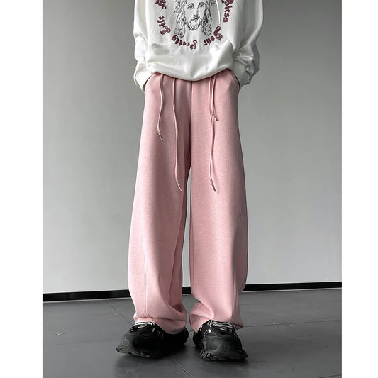 saferido Men's Drawstring Design Waist Wide Leg Sports Casual Pants Oversized Pink Color Sweatpants Elastic Waist Loose Trousers