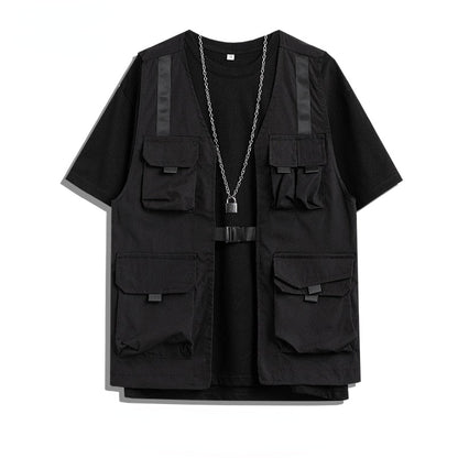 Men's Shorts Set Tank Top Men Cargo Punk Rave Vest Male Shirt Streetwear Hip Hop Hippie Men Clothing Pockets