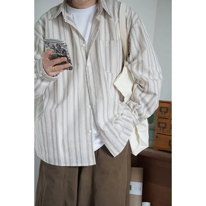Japanese Vintage Wild Long Sleeve Striped Shirt Men and Women Loose Casual Harajuku Trend Oversized Button Up Shirt Thin Coat