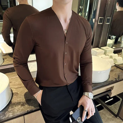 saferido Men V-neck Long Sleeve Shirt New British Style Solid Casual Slim Fit Camisas Blusas Formal Dress Shirts Homme Men Clothing