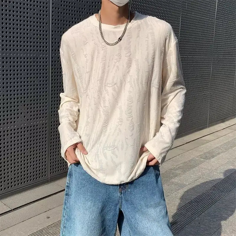 Korean INS Niche Design Men Clothing Round Neck Hole T-shirt Men and Women Long Sleeve Retro Loose Casual Drape Mens T Shirts