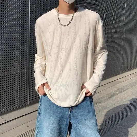 Korean INS Niche Design Men Clothing Round Neck Hole T-shirt Men and Women Long Sleeve Retro Loose Casual Drape Mens T Shirts