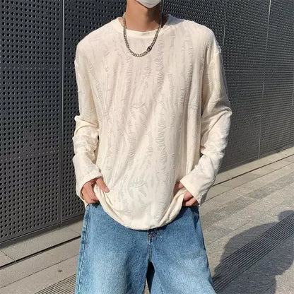 Korean INS Niche Design Men Clothing Round Neck Hole T-shirt Men and Women Long Sleeve Retro Loose Casual Drape Mens T Shirts