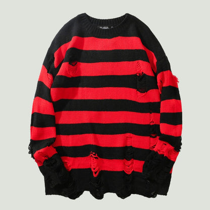 Hip Hop Striped Knitted Sweater Mens Womens Harajuku Hole Knit Jumpers Oversized Streetwear Casual Loose O-Neck Pullover Couples