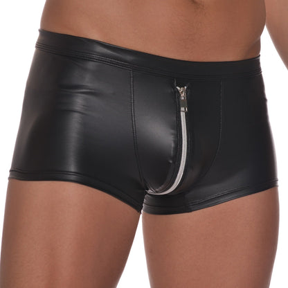 Boxer Sexy Men Boxers PU Leather Male Shorts Underpants Slip Gay Penis Pouch Hot Man Underwear Bulge Zipper Open Butt Panties