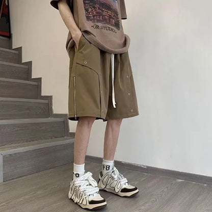 saferido Summer Elegant Fashion Harajuku Slim Fit Ropa Hombre Loose All Match Casual Shorts Solid Zipper Pockets Straight Cylinder Shorts