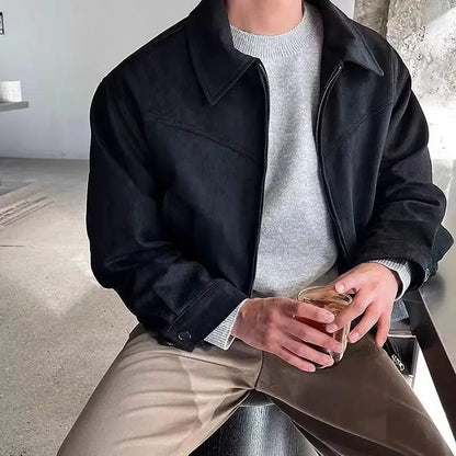 saferido 2024 Elegant Solid Brown Coat Men Spring Autumn High-End Loose Lapel New Zipper Short Jacket Vintage Streetwear Bomber Jacket