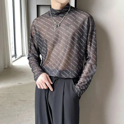 saferido American Letter Mesh T-Shirt For Men Autumn New Style Casual Simple Comfortable Breathable High Collar Inner Trendy Top
