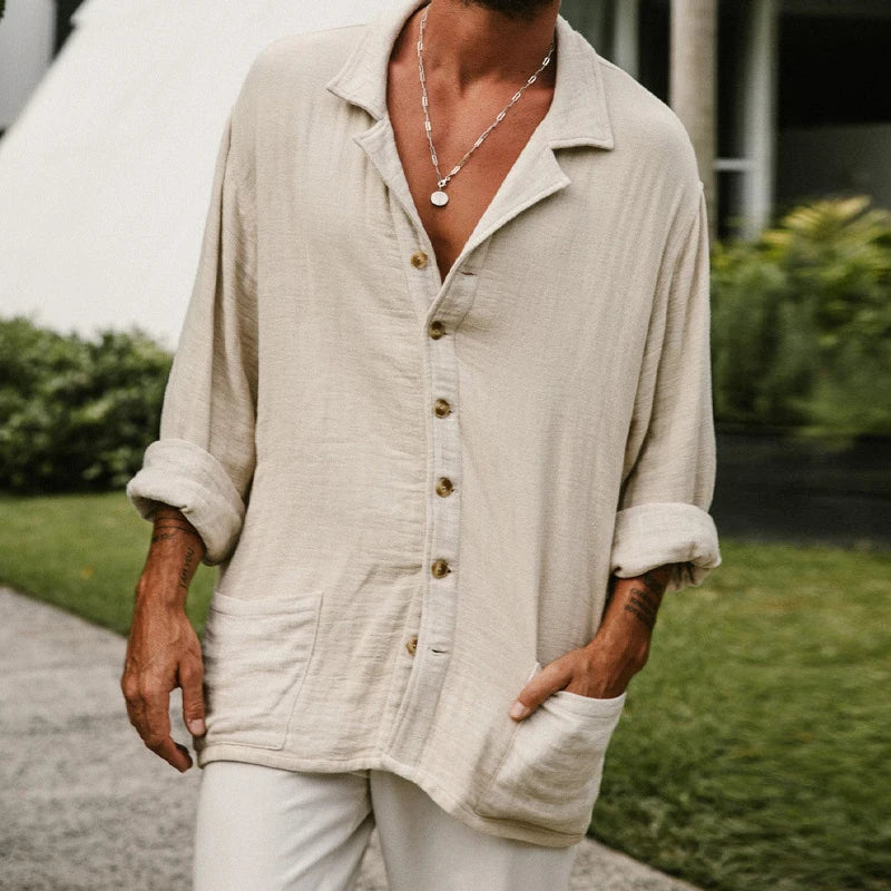 saferido Casual Loose Solid Color Men's Shirts Leisure Turndown Collar Button Tops Spring Summer Fashion Shirt For Men Clothes Streetwear