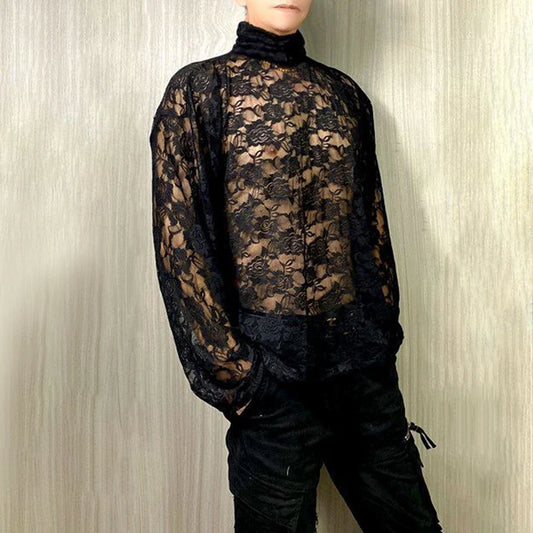 saferido Mens Spring Autumn Lace Transparent Sexy Rose High Neck Long Sleeve T-Shirt Genderless Hollow Breathable Jacquard Top Unisex
