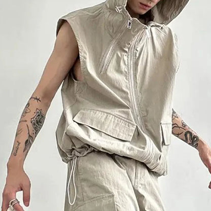 saferido Men Cargo Vest Hooded Summer Japanese Zipper Design Sleeveless Tops Male Korean Streetwear Hip Hop Unisex Plus Size Waistcoat