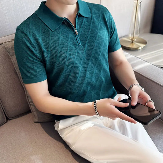 saferido Korean Style Men's Summer Casual Knitted Polo Shirts/Male Slim Fit Fashion Zipper Design Hollow Out Polo Shirts S-3XL