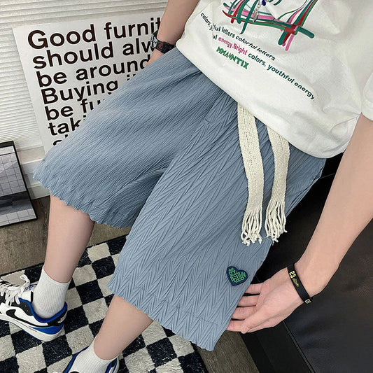 saferido Loose Beach Shorts Thin Summer Sports Straight Wide-leg Casual Pants Oversize Green Label Solid Pleated Five-point Pants Men