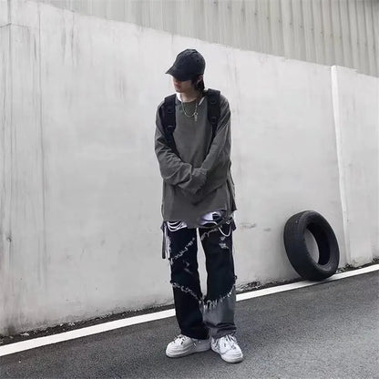 saferido Mens Jeans Pants With Hole Casual Vintage Straight Leg Korean Fashion Streetwear Harajuku Trousers