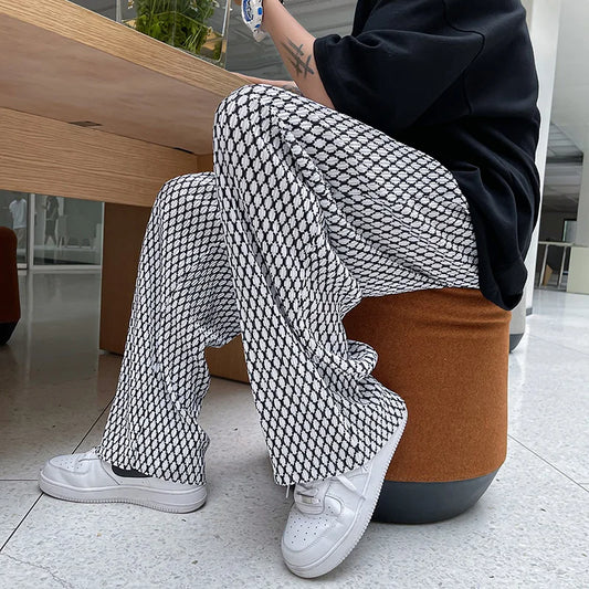 saferido Summer Ice Silk Pants Men Oversized Retro Plaid Pants Men Japanese Streetwear Loose Wide Leg Pants Mens Pleated Trousers M-5XL