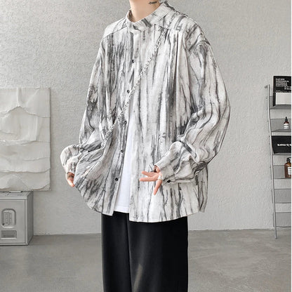 saferido Stand Collar Tie-dye Shirt Men Handsome Long Sleeve Men's Clothing Spring Autumn Korean Loose Streetwear Casual Shirts