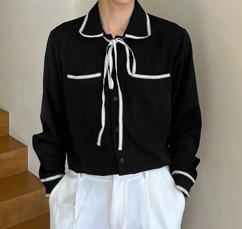 Men Casual Shirt Patchwork Lapel Long Sleeve Korean Style Men Clothing Streetwear Lace Up Elegant Shirts S-5XL