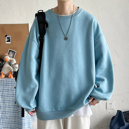 saferido Harajuku Sweatshirts Men Korean Solid Color Basic O Neck Oversized Pullovers Spring Autumn Simple Fashion Casual Tops 5XL-M