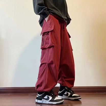 Men Solid Cargo Pants Harajuku Hip Hop Elastic Waist Loose Trousers Streetwear Male Casual Pockets Drawstring Baggy Pants