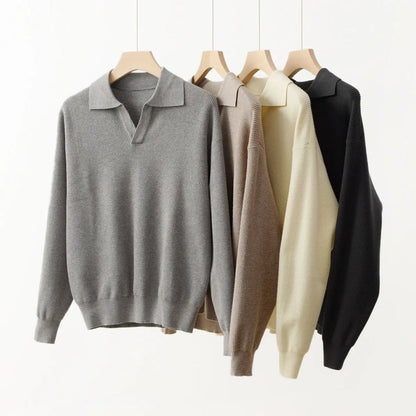 Designed Winter Small V-neck Pullover Knitted Sweater Men Retro Polo Collar Loose High-end Simple Solid Color Vintage Sweater