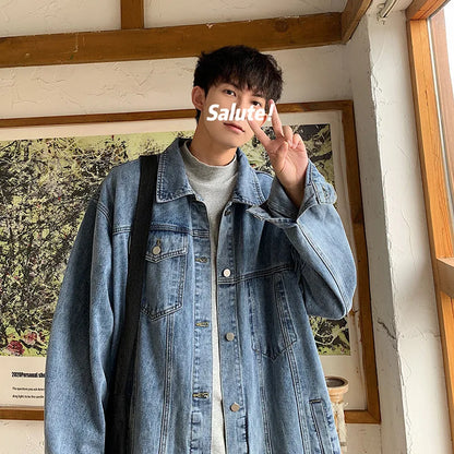 New Jacket Men's Spring and Autumn Denim Coat Korean Version On Clothes Young Student Lapel Fashion Casual Loose Tide Men