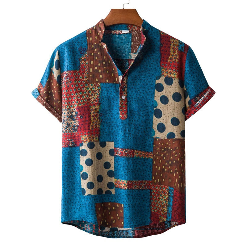 Summer New Short Sleeve Floral Hawaiian Shirt Men Half Placket Collar Beach Shirt Men Casual Holiday Vacation Clothing 3XL
