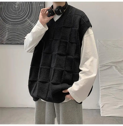 saferido Spring Autumn Fashion Solid Casual Pullover Tess Vest Men Loose Knitted Top Student Preppy Style Sweater Gentle Retro Patchwork