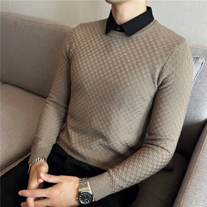 saferido Fake-2Pieces Top Quality Gentlemen Sweater Men Clothing Fashion Slim Fit Casual Knitted Pullovers Pull Homme Korean Style S-4XL