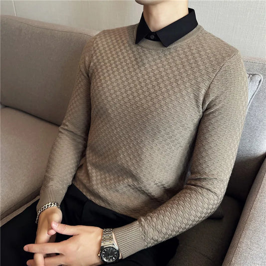 saferido Fake-2Pieces Top Quality Gentlemen Sweater Men Clothing Fashion Slim Fit Casual Knitted Pullovers Pull Homme Korean Style S-4XL